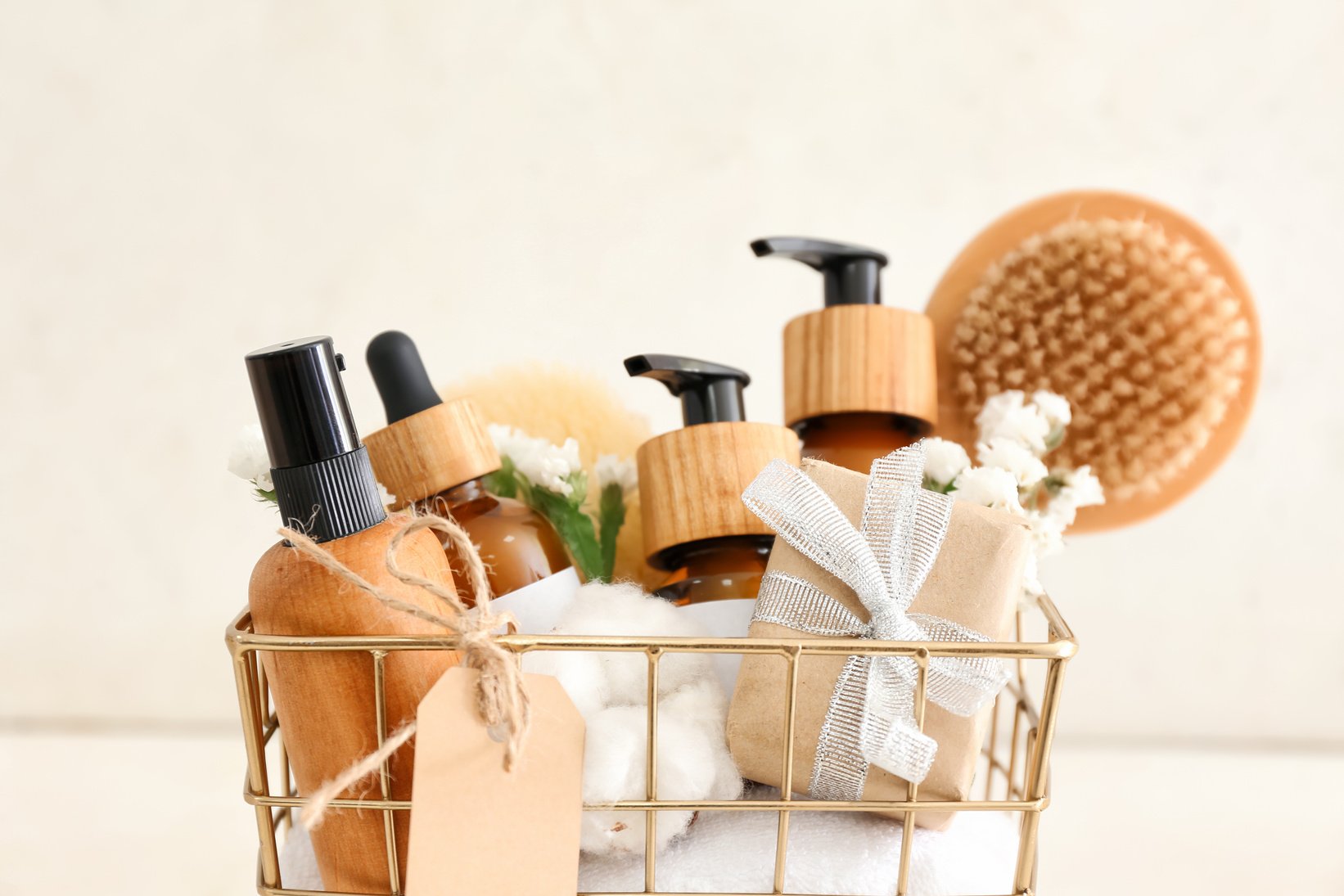 beauty products in a basket on a table